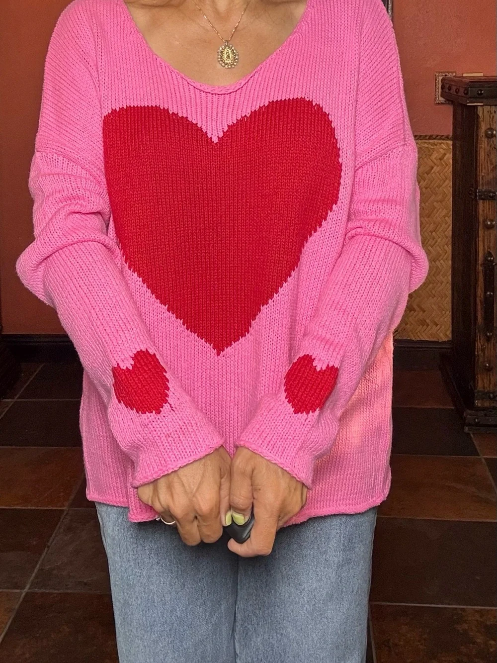 Miracle Pink Sweater with Red Heart Intarsia
